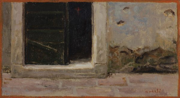 Calle veneziana con muro scrostato e porta antica in legno